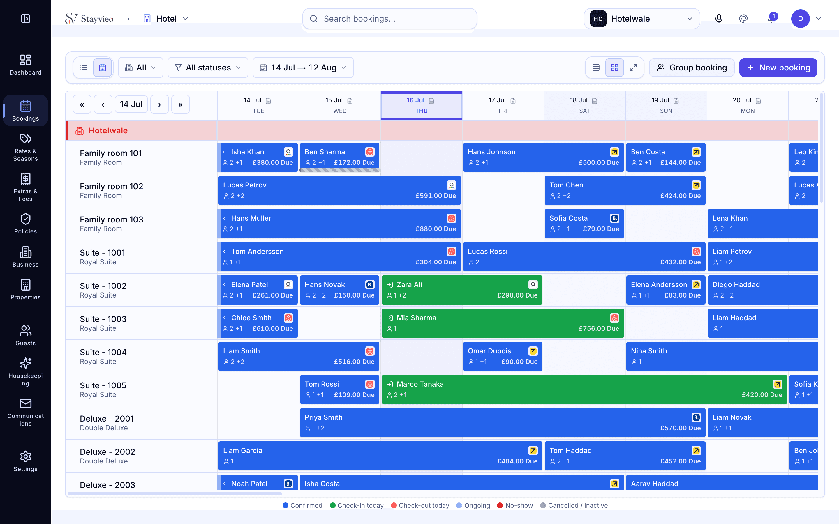 The bookings calendar with colour-coded stays across rooms and dates